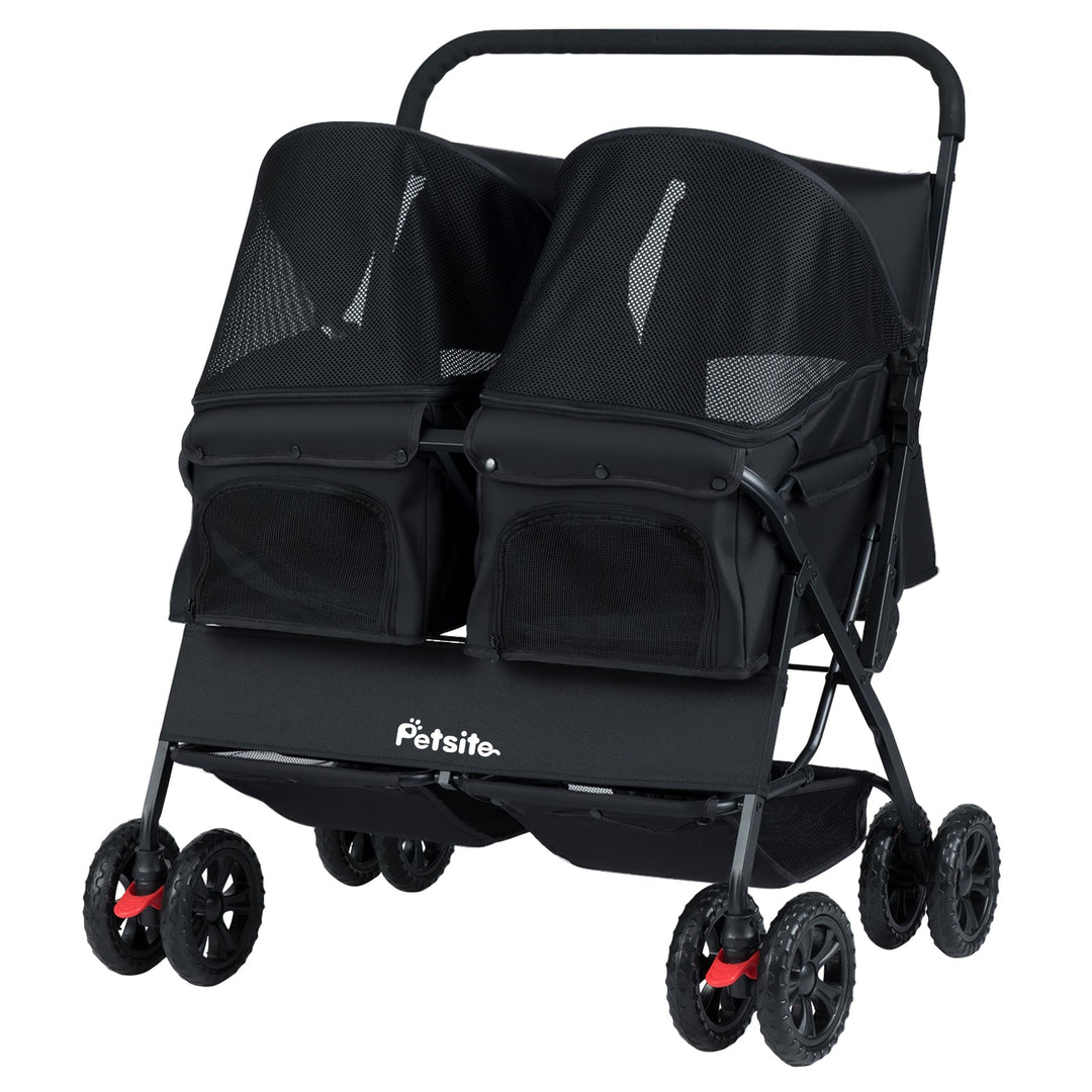 Foldable Double Pet Stroller with Adjustable Sunshade and Storage Basket