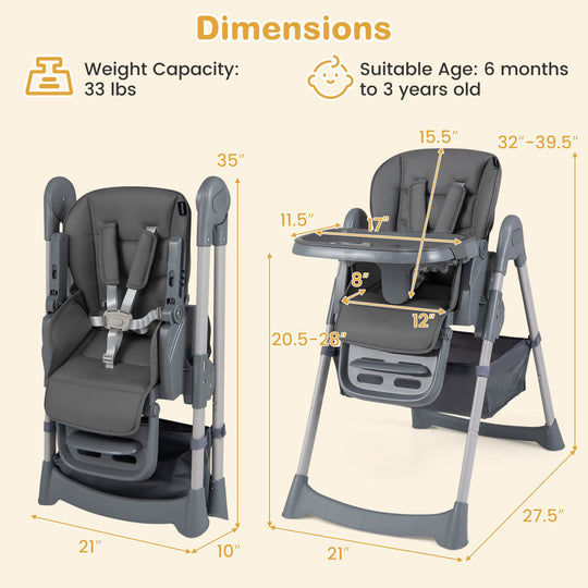 Foldable High Chair with 7-Level Height Adjustment - Gray