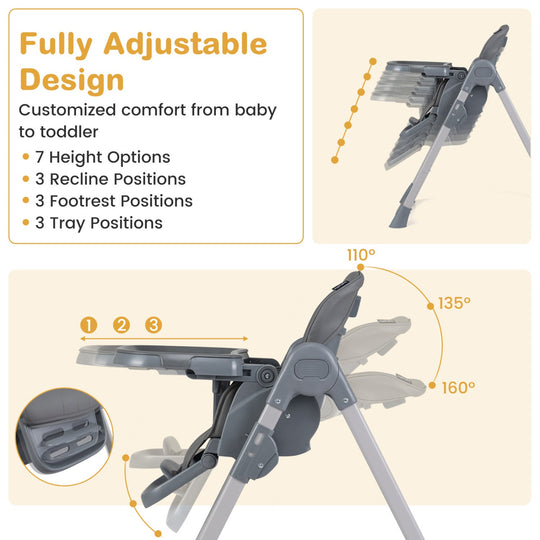 Foldable High Chair with 7-Level Height Adjustment - Gray