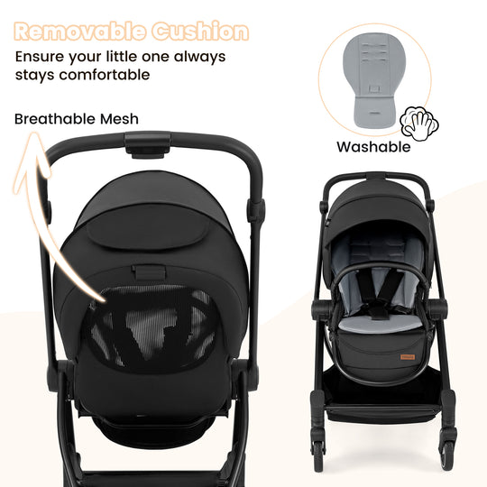 Foldable Infant Pram Stroller with Reversible Seat Reclining Backrest-Black