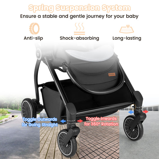 Foldable Infant Pram Stroller with Reversible Seat Reclining Backrest-Black