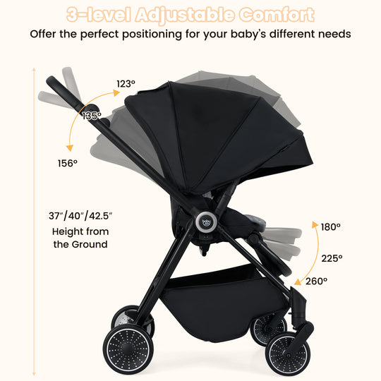 Foldable Infant Pram Stroller with Reversible Seat Reclining Backrest-Black