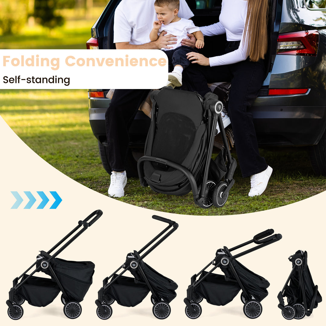 Foldable Infant Pram Stroller with Reversible Seat Reclining Backrest-Black