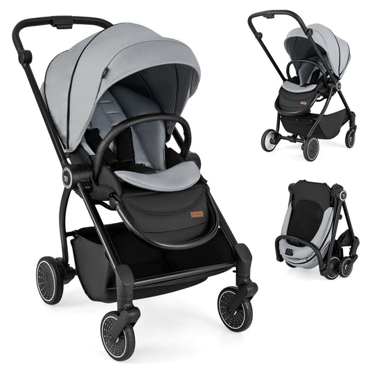 Foldable Infant Pram Stroller with Reversible Seat Reclining Backrest-Gray