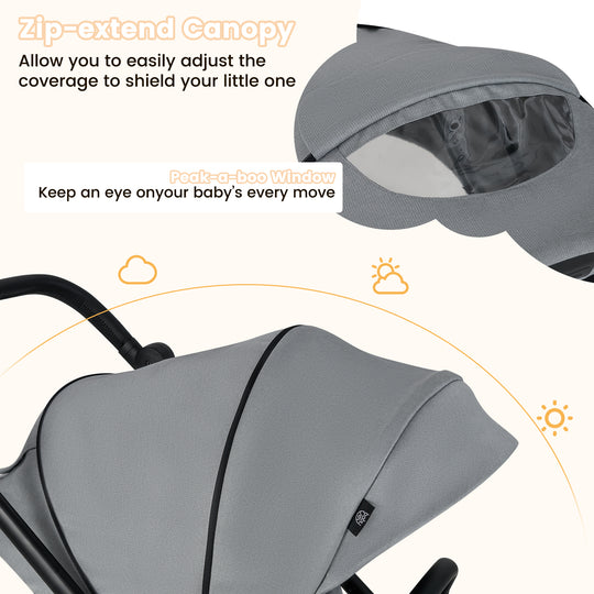 Foldable Infant Pram Stroller with Reversible Seat Reclining Backrest-Gray
