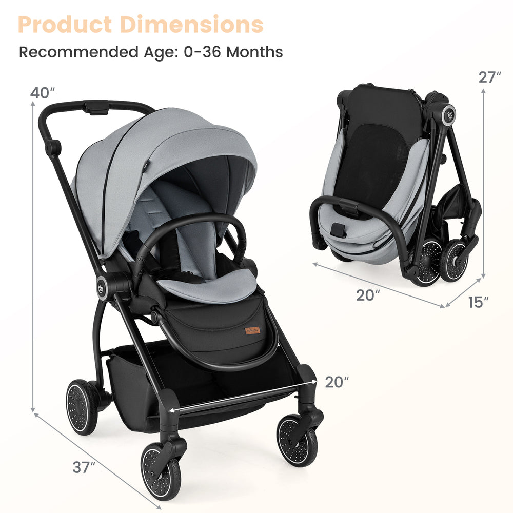Foldable Infant Pram Stroller with Reversible Seat Reclining Backrest-Gray