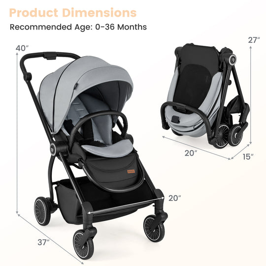 Foldable Infant Pram Stroller with Reversible Seat Reclining Backrest-Gray