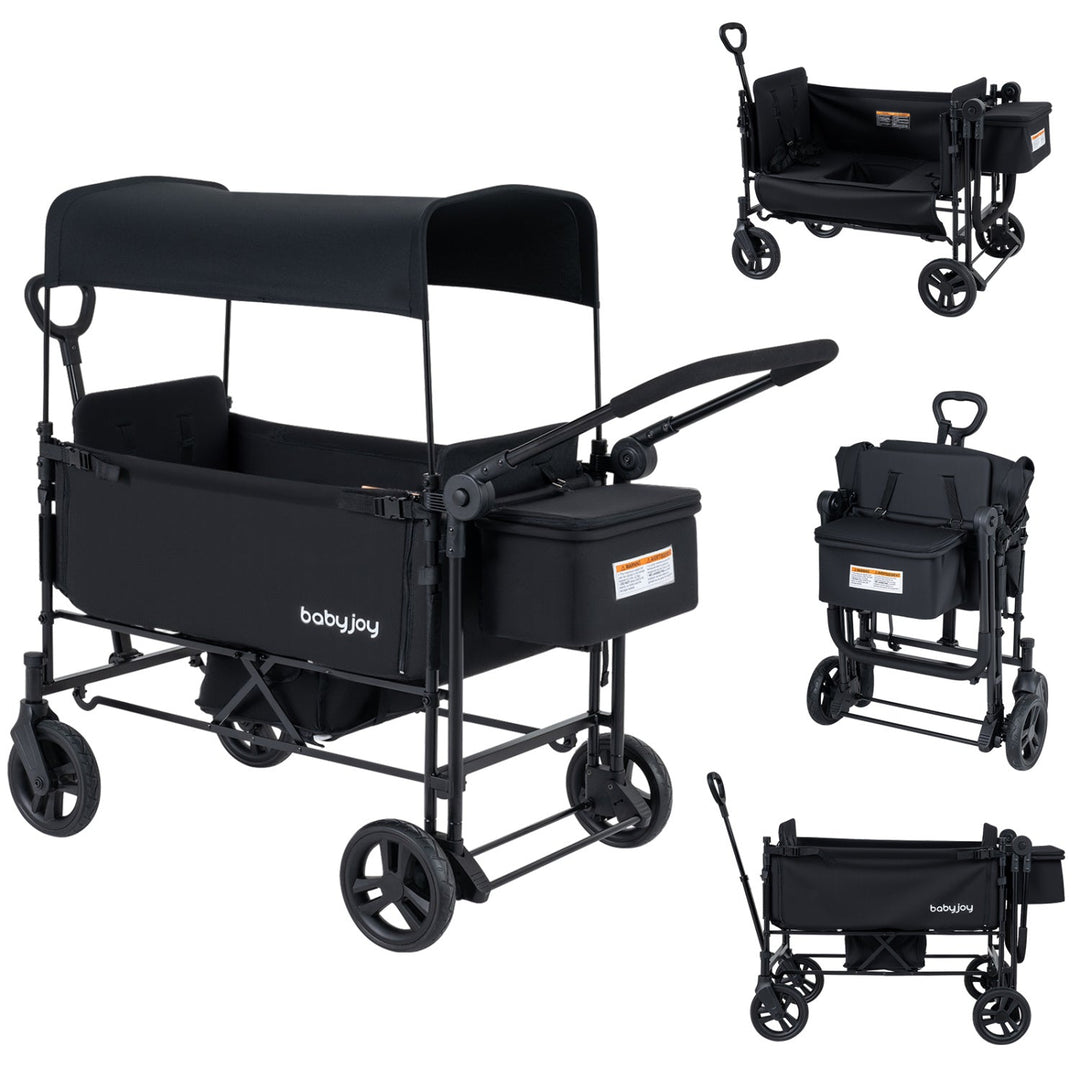 Foldable Wagon Stroller for 2 Kids with Removable Canopy and Adjustable Push Handle