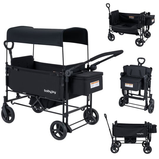 Foldable Wagon Stroller for 2 Kids with Removable Canopy and Adjustable Push Handle