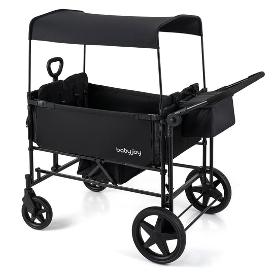 Foldable Wagon Stroller for 4 Kids with Removable Canopy and Adjustable Push