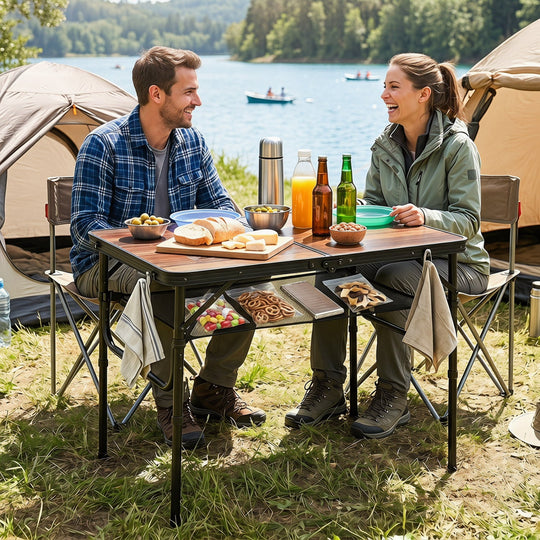 Folding Camping Table with Adjustable Heights Storage Net & Handle