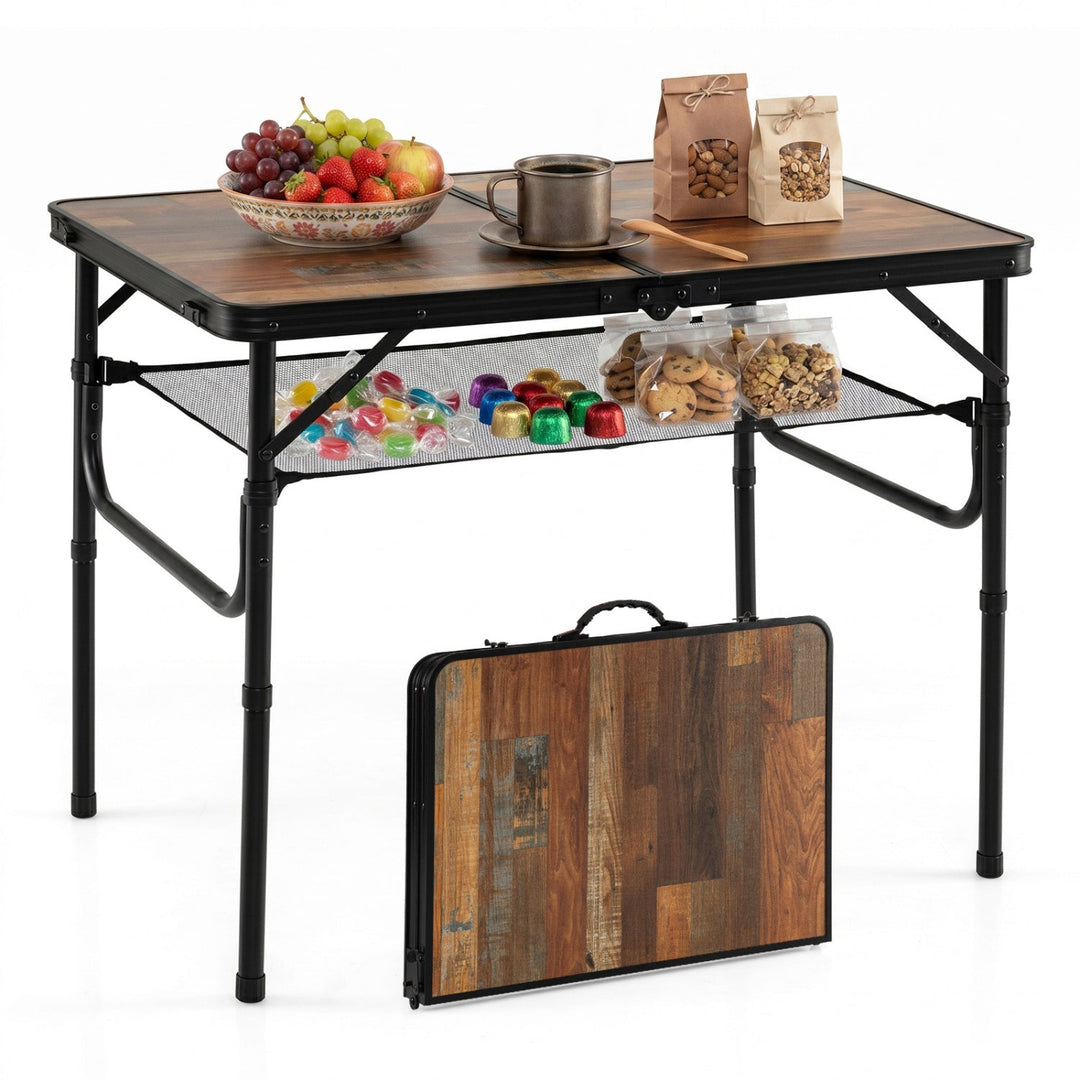 Folding Camping Table with Adjustable Heights Storage Net & Handle