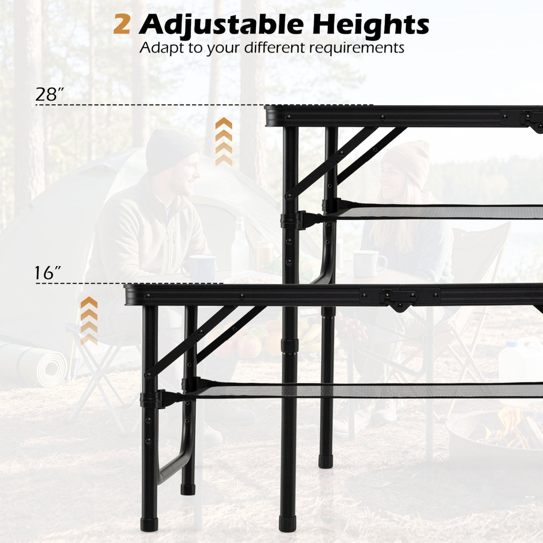 Folding Camping Table with Adjustable Heights Storage Net & Handle