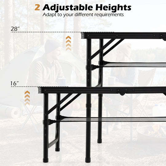 Folding Camping Table with Adjustable Heights Storage Net & Handle
