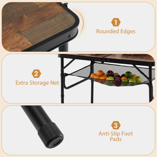 Folding Camping Table with Adjustable Heights Storage Net & Handle