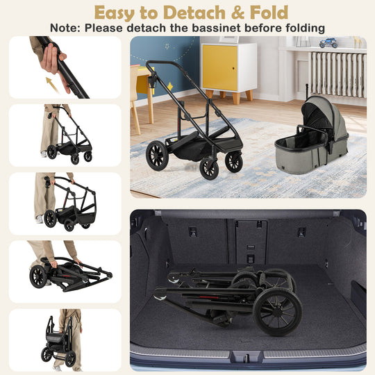 3-in-1 Folding Convertible Newborn Stroller with Detachable Bassinet-Gray