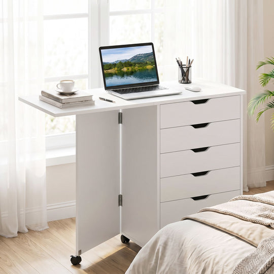 Folding Desk with Storage Drawers and Wheels for Dorms Apartments