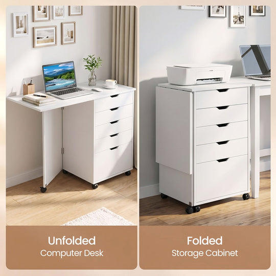 Folding Desk with Storage Drawers and Wheels for Dorms Apartments