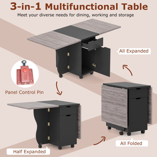 Folding Dining Table 3-in-1 Space-Saving Drop Leaf Kitchen Table with Lockable Wheels