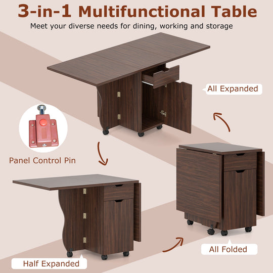 Folding Dining Table 3-in-1 Space-Saving Drop Leaf Kitchen Table with Lockable Wheels