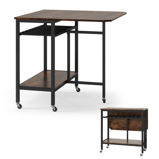 Folding Dining Table with Expandable Laptop with Wine Rack and Wheels-Rustic Brown