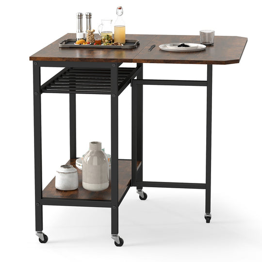 Folding Dining Table with Expandable Laptop with Wine Rack and Wheels-Rustic Brown