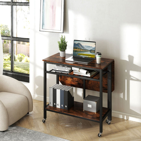 Folding Dining Table with Expandable Laptop with Wine Rack and Wheels-Rustic Brown