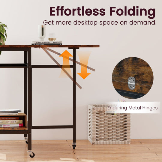 Folding Dining Table with Expandable Laptop with Wine Rack and Wheels-Rustic Brown