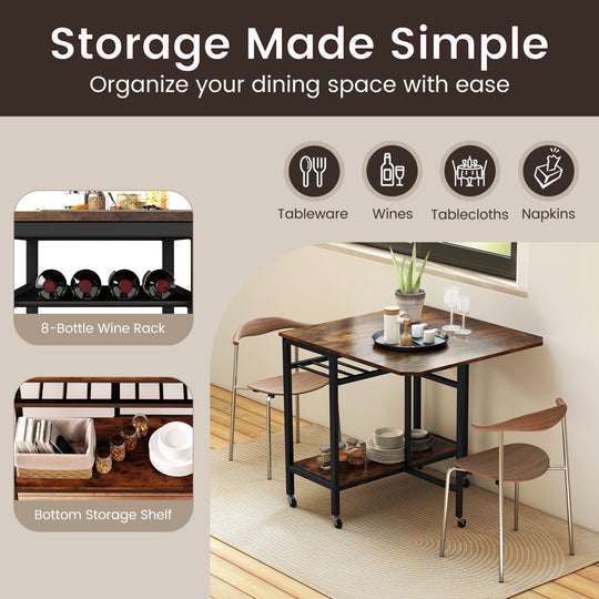 Folding Dining Table with Expandable Laptop with Wine Rack and Wheels-Rustic Brown