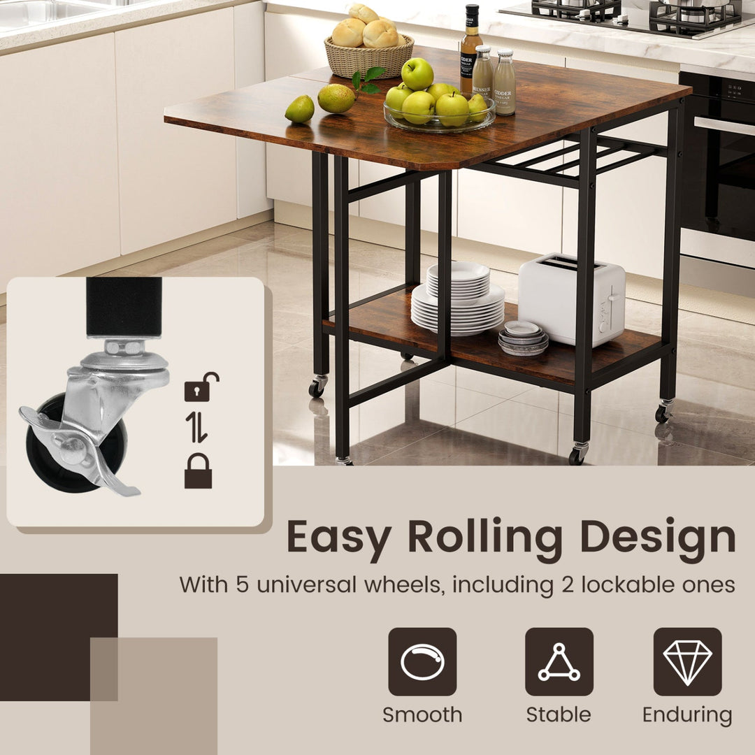 Folding Dining Table with Expandable Laptop with Wine Rack and Wheels-Rustic Brown