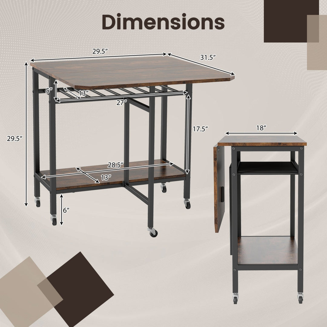 Folding Dining Table with Expandable Laptop with Wine Rack and Wheels-Rustic Brown