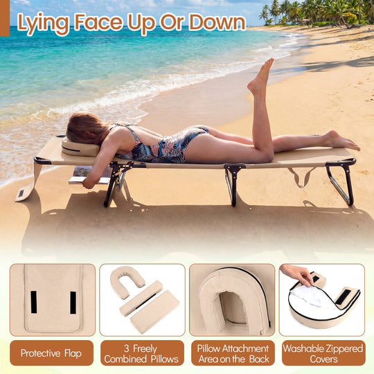 Folding Face Down Tanning Chair with Face Hole 3 Removable Pillows