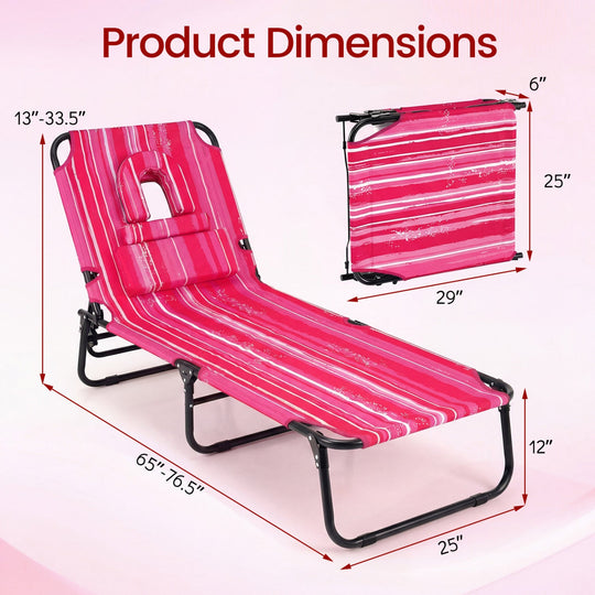 Folding Face Down Tanning Chair with Face Hole 3 Removable Pillows
