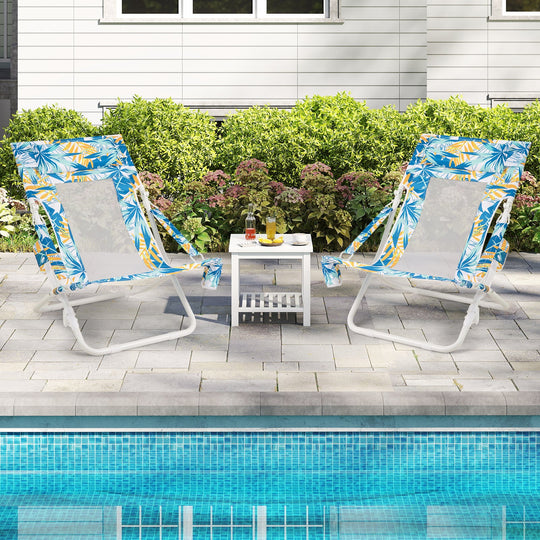 Folding Low Beach Chair Set of 2 Patio Sling Chairs with Padded Head Pillow