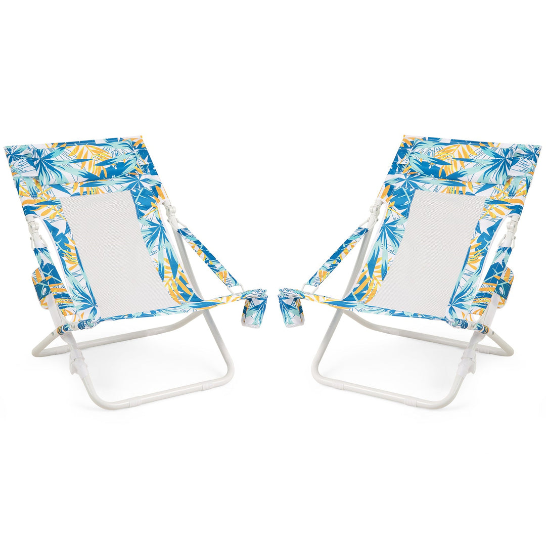 Folding Low Beach Chair Set of 2 Patio Sling Chairs with Padded Head Pillow