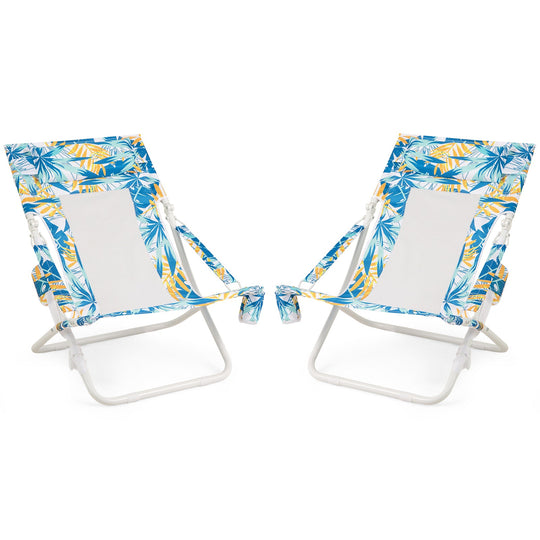 Folding Low Beach Chair Set of 2 Patio Sling Chairs with Padded Head Pillow