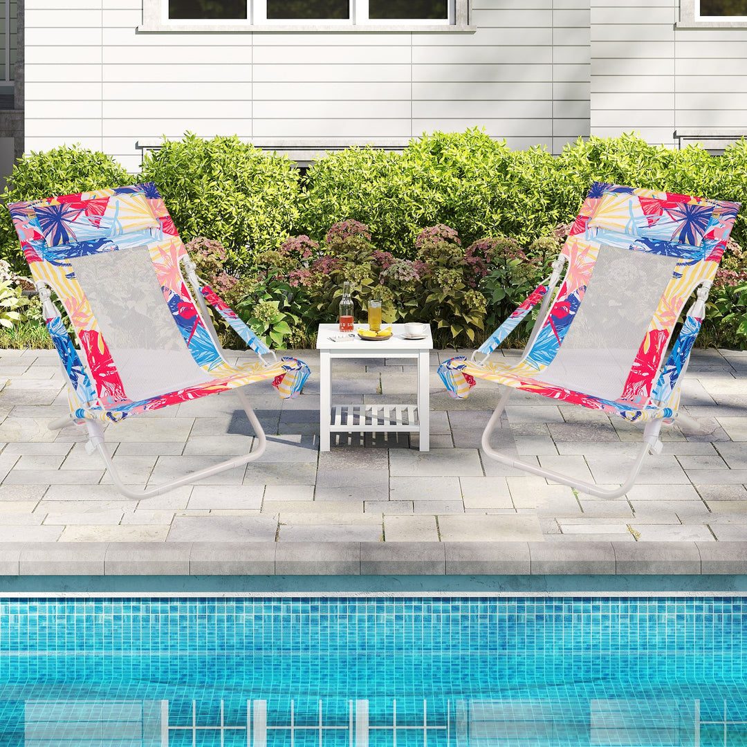 Folding Low Beach Chair Set of 2 Patio Sling Chairs with Padded Head Pillow