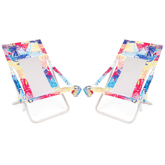 Folding Low Beach Chair Set of 2 Patio Sling Chairs with Padded Head Pillow