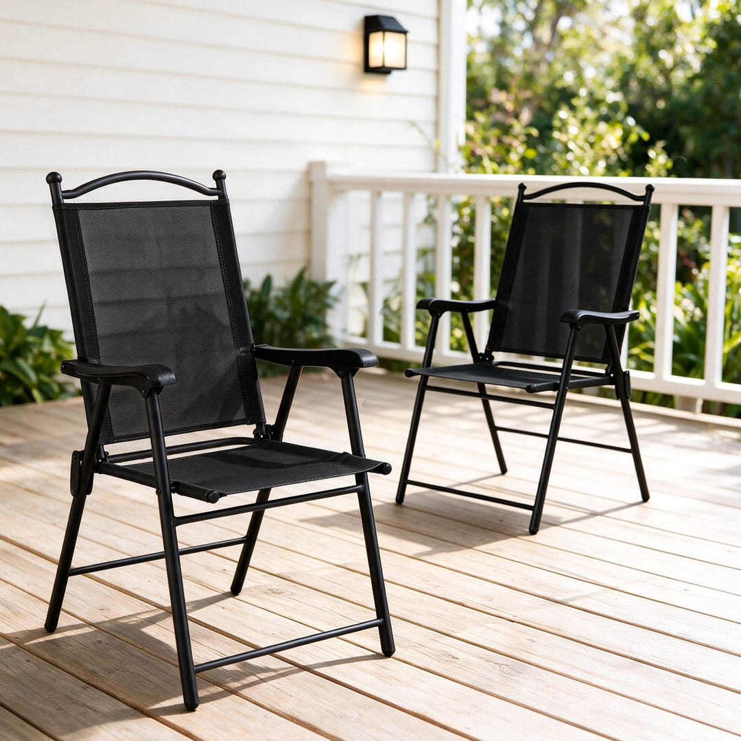 Folding Patio Chairs Set of 4 Outdoor Lawn Deck Seats with Armrests High Back-Black