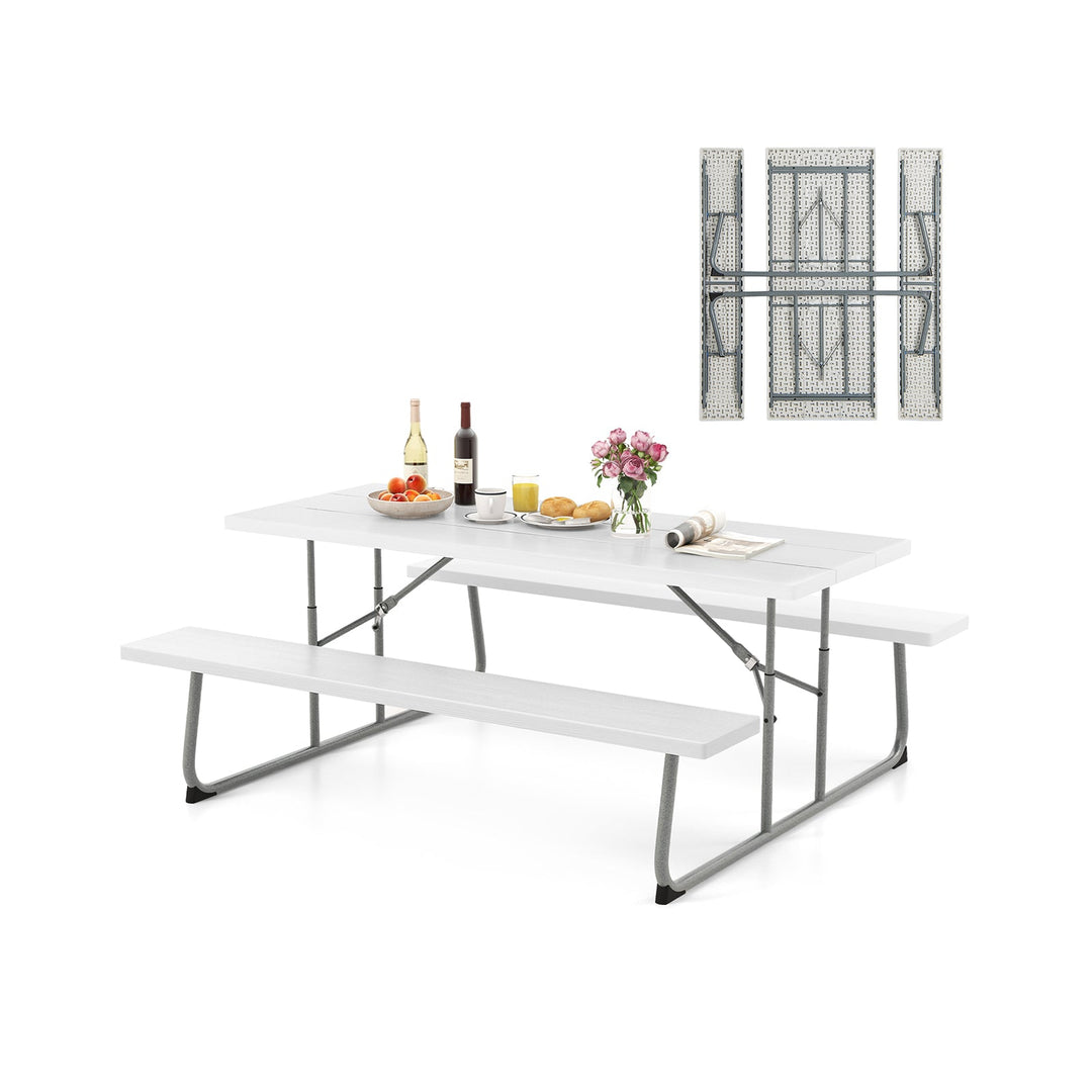 Folding Picnic Table Set with Metal Frame and All-Weather HDPE Tabletop Umbrella Hole