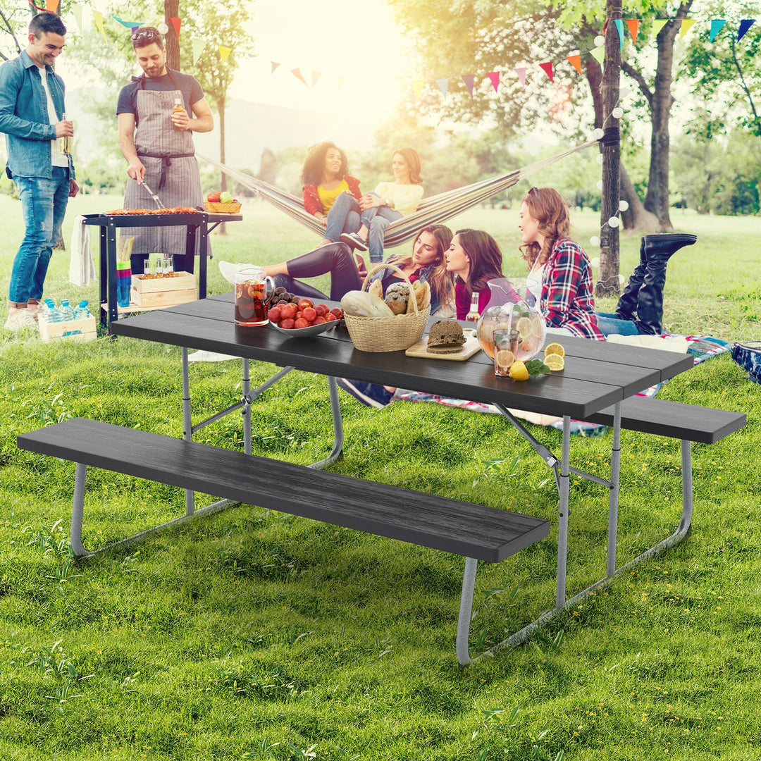 Folding Picnic Table Set with Metal Frame and All-Weather HDPE Tabletop Umbrella Hole