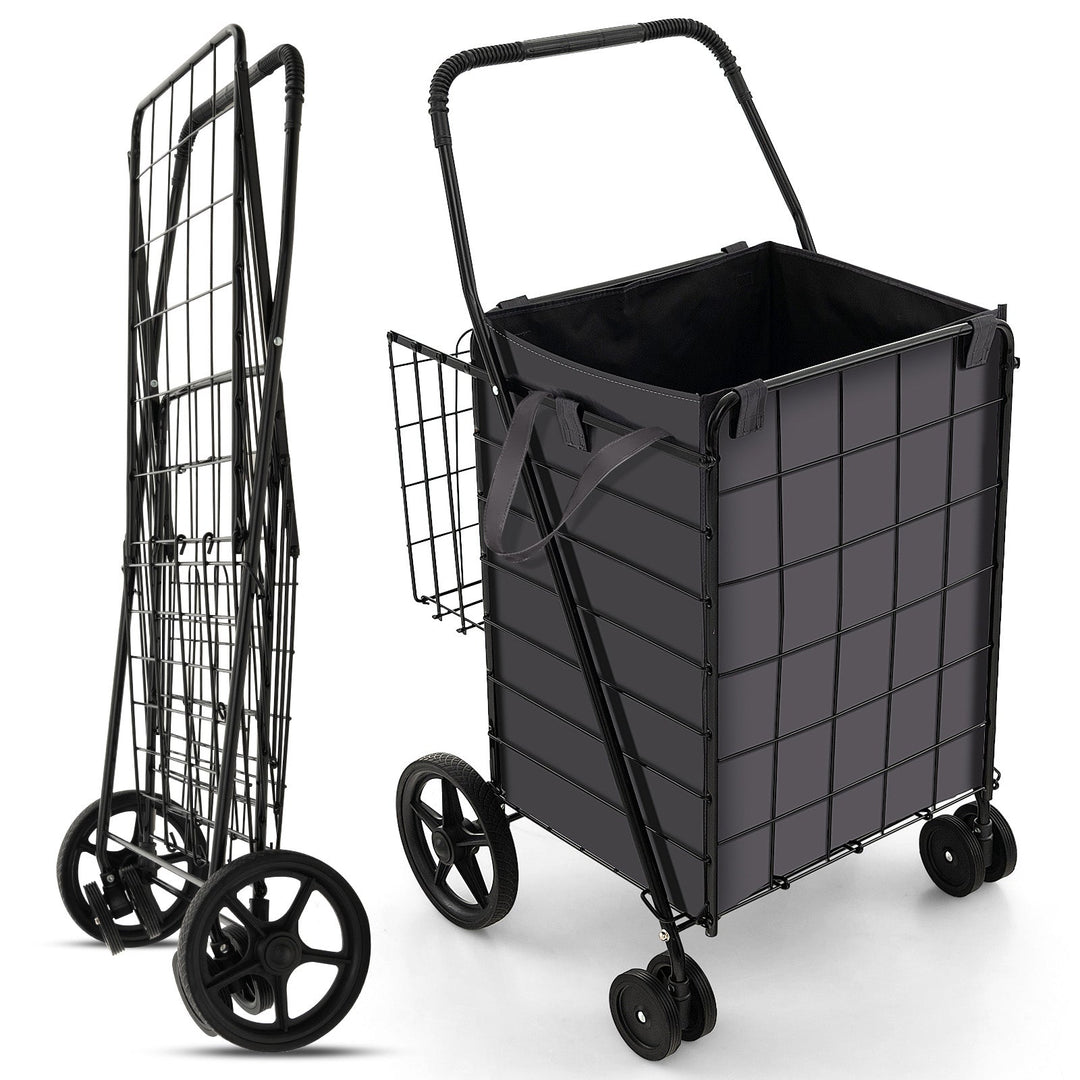 Folding Rolling Shopping Cart with Waterproof Liner and Basket-Black