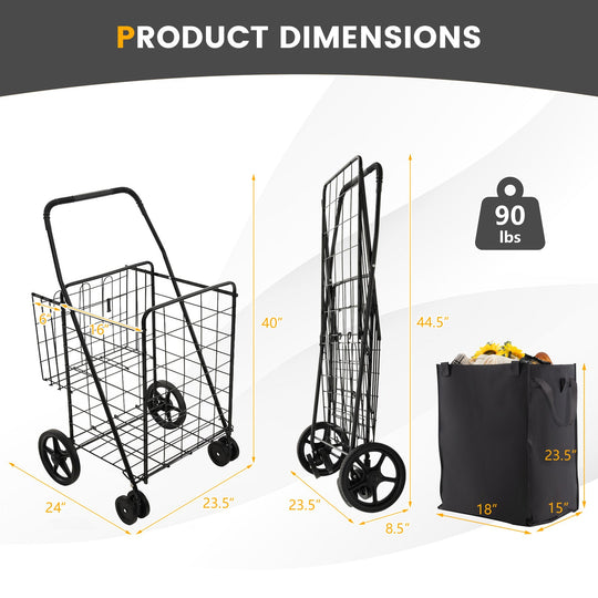 Folding Rolling Shopping Cart with Waterproof Liner and Basket-Black