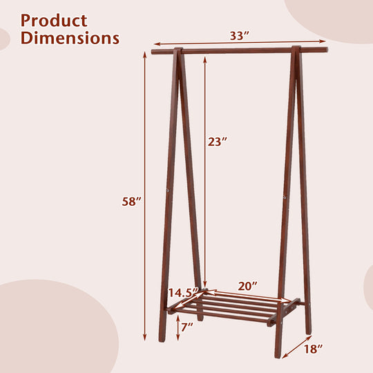 Folding Rubber Wood Clothes Hanging Rack Standing Garment Rack with Bottom Storage Shelf-Walnut
