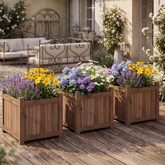 Folding Square Fir Wood Raised Garden Bed with Removable Bottom Set of 2