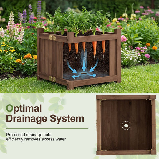 Folding Square Fir Wood Raised Garden Bed with Removable Bottom Set of 2