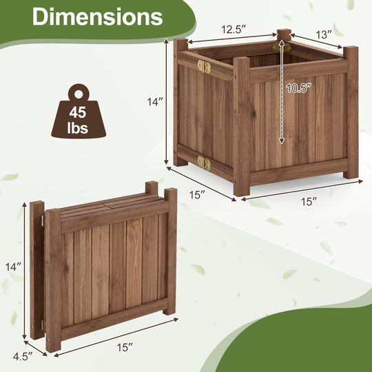 Folding Square Fir Wood Raised Garden Bed with Removable Bottom Set of 2
