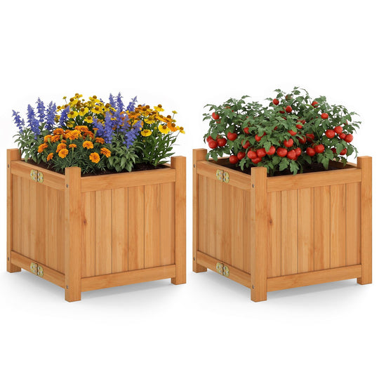Folding Square Fir Wood Raised Garden Bed with Removable Bottom Set of 2