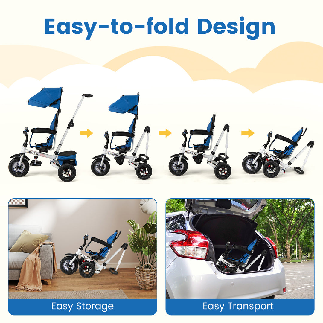 Folding Tricycle Baby Stroller with Reversible Seat and Adjustable Canopy-Blue