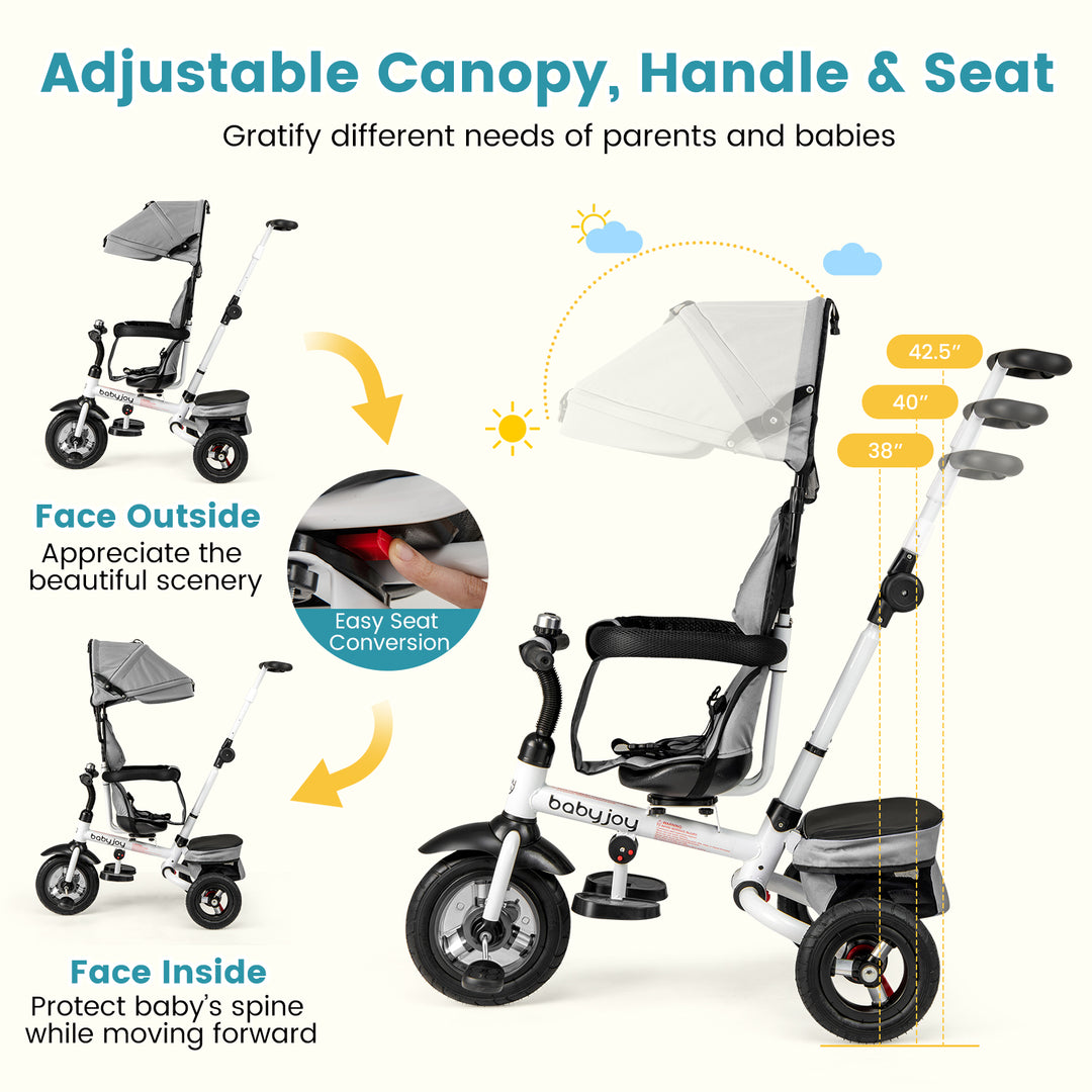 Folding Tricycle Baby Stroller with Reversible Seat and Adjustable Canopy-Gray